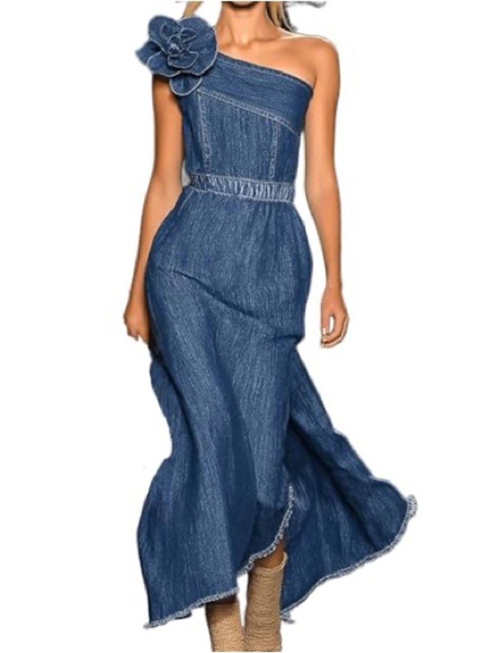 Anthropology style One-Shoulder Blue Denim Maxi Dress with Floral Accent